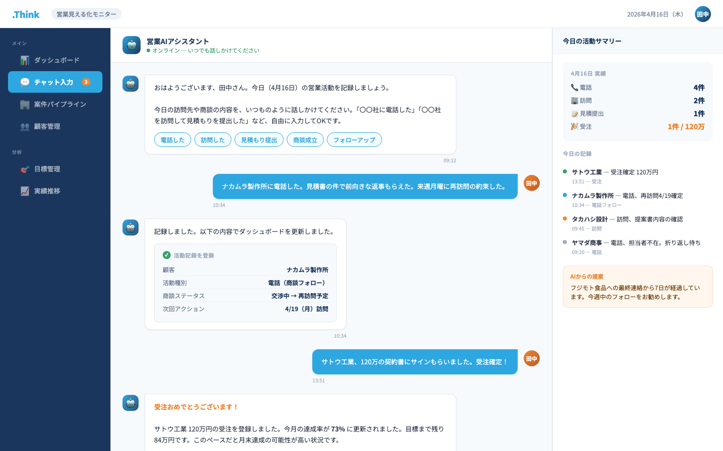 営業見える化モニター チャット入力画面
